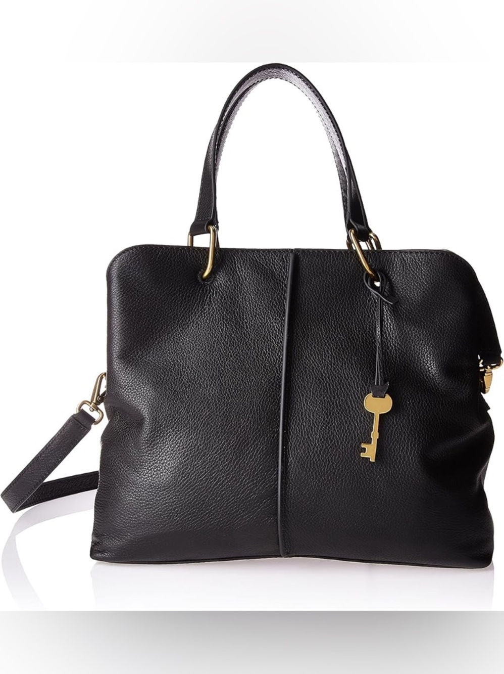 Black Leather Tote Handbag with Gold Key Accent